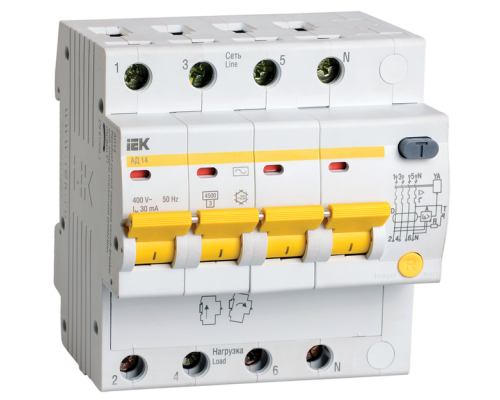 Дифференциальный автоматический выключатель IEK АД14 16А, 30мА, 4Р